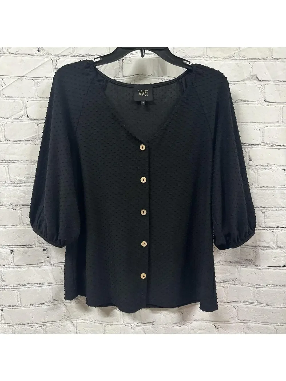 W5 Black Boho Textured Dotted Fabric button-down 3/4 Puff Sleeve Blouse M